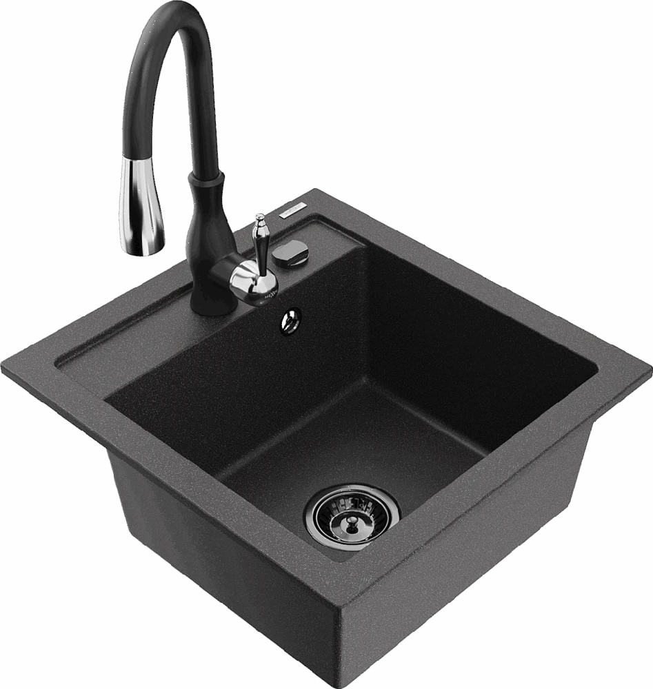 Granitinė virtuvinė plautuvė Mexen Vito su maišytuvu ir sifonu, Juodas granite+Juodas