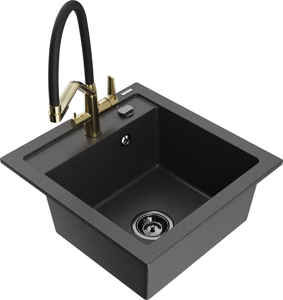 Granitinė virtuvinė plautuvė Mexen Vito su maišytuvu ir sifonu, Juodas granite+Juodas/Gold