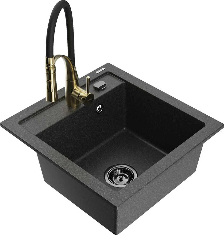 Granitinė virtuvinė plautuvė Mexen Vito su maišytuvu ir sifonu, Juodas granite+Juodas/Gold