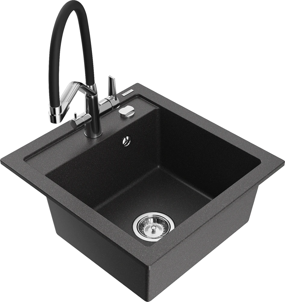 Granitinė virtuvinė plautuvė Mexen Vito su maišytuvu ir sifonu, Juodas granite+Juodas/Chrome