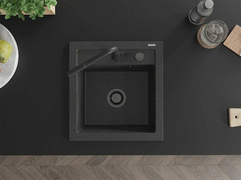 Granitinė virtuvinė plautuvė Mexen Vito su maišytuvu ir sifonu, Juodas granite+Juodas