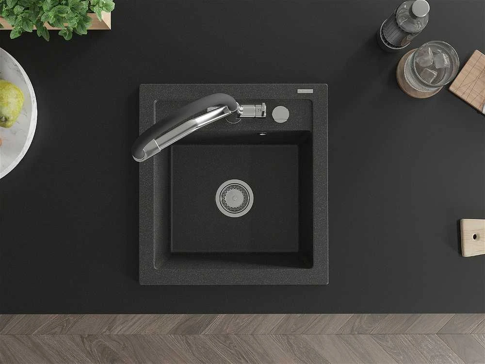 Granitinė virtuvinė plautuvė Mexen Vito su maišytuvu ir sifonu, Juodas granite+Juodas/Chrome