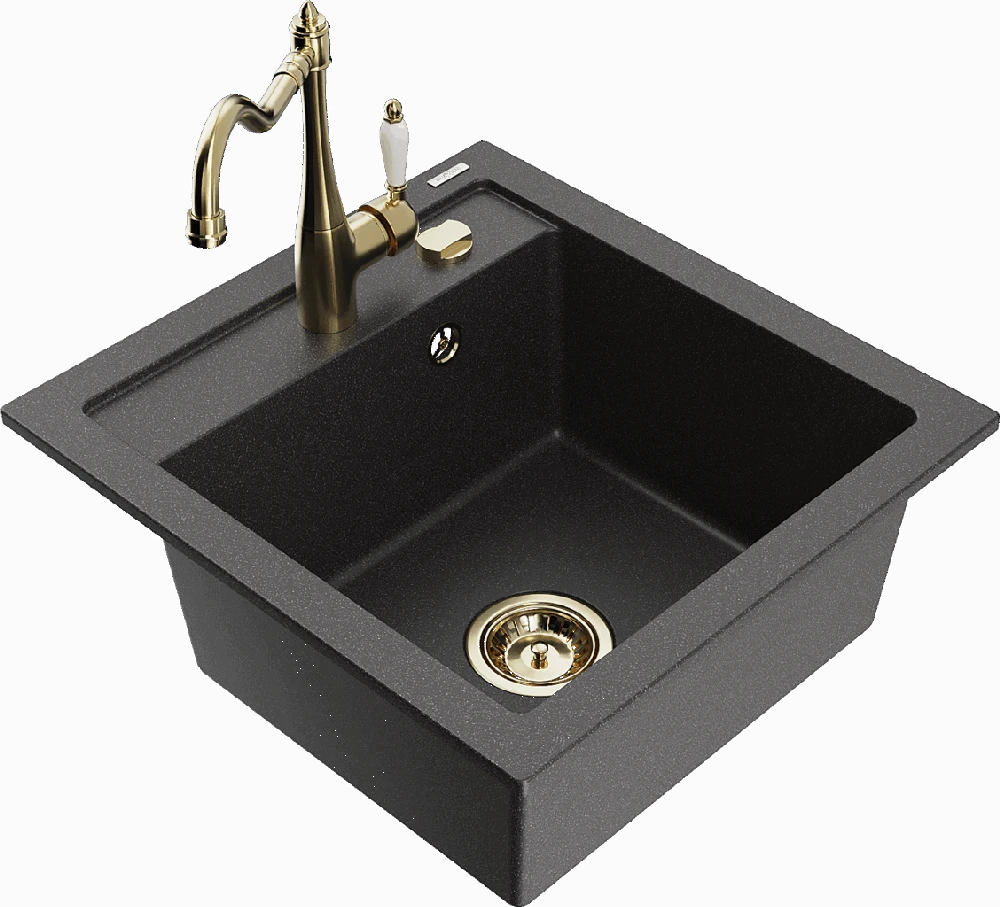 Granitinė virtuvinė plautuvė Mexen Vito su maišytuvu ir sifonu, Juodas granite+Gold