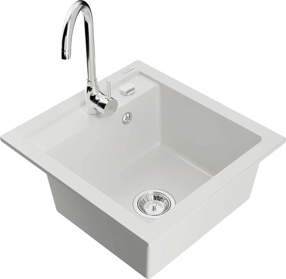 Granitinė virtuvinė plautuvė Mexen Vito su maišytuvu ir sifonu, Baltas+Chrome