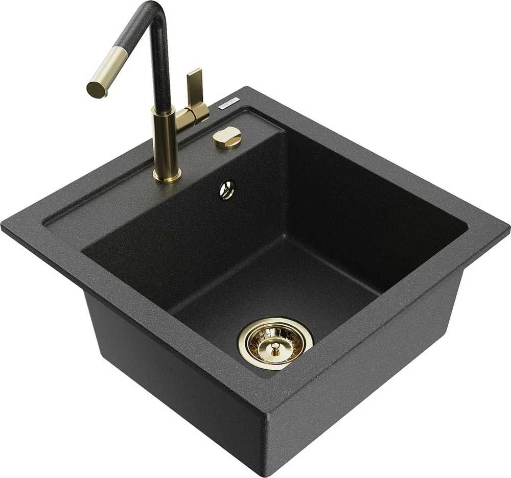 Granitinė virtuvinė plautuvė Mexen Vito su maišytuvu ir sifonu, Juodas granite+Juodas granite/Gold