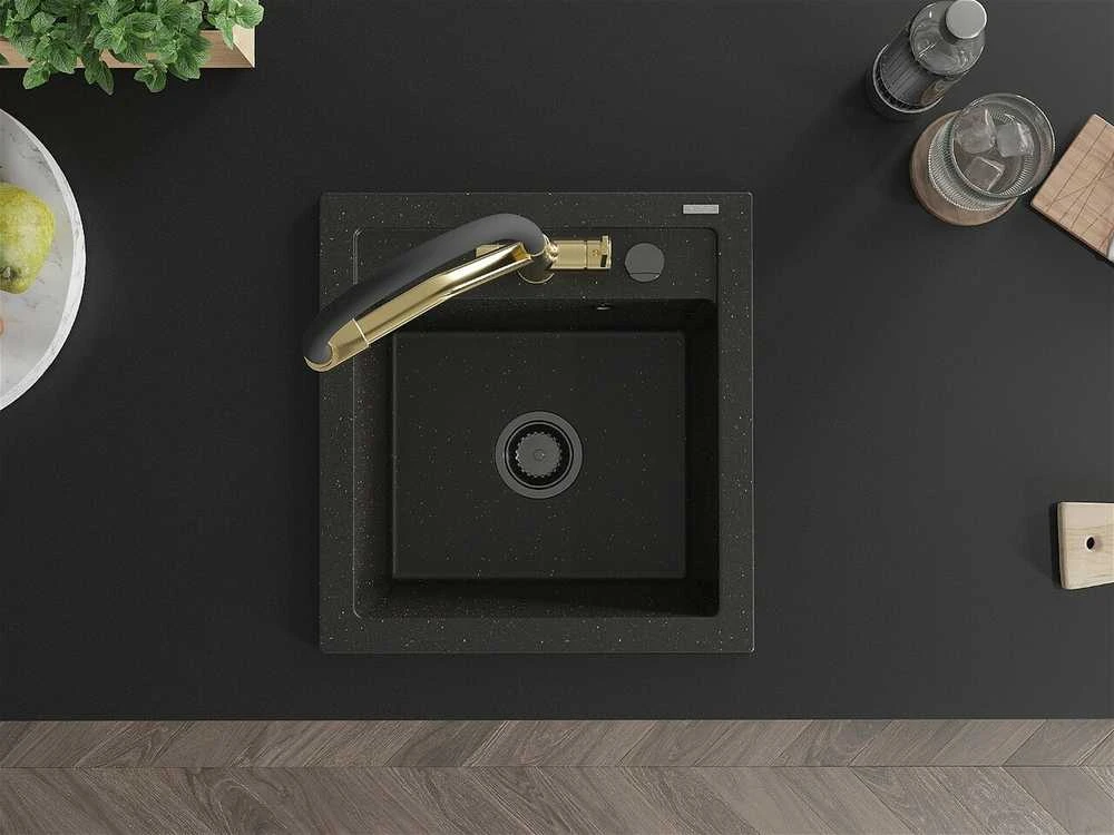 Granitinė virtuvinė plautuvė Mexen Vito su maišytuvu ir sifonu, Metallic juodas/auksinis+Juodas/Gold