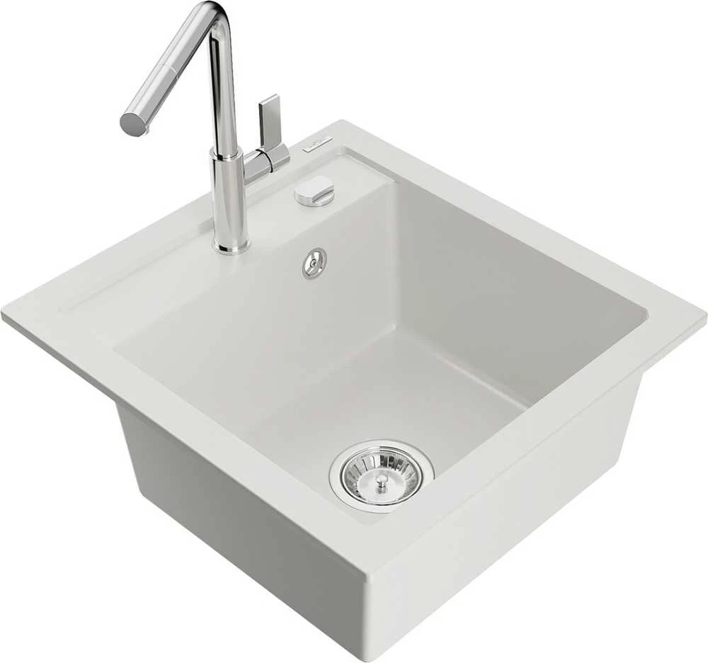 Granitinė virtuvinė plautuvė Mexen Vito su maišytuvu ir sifonu, Baltas+Chrome
