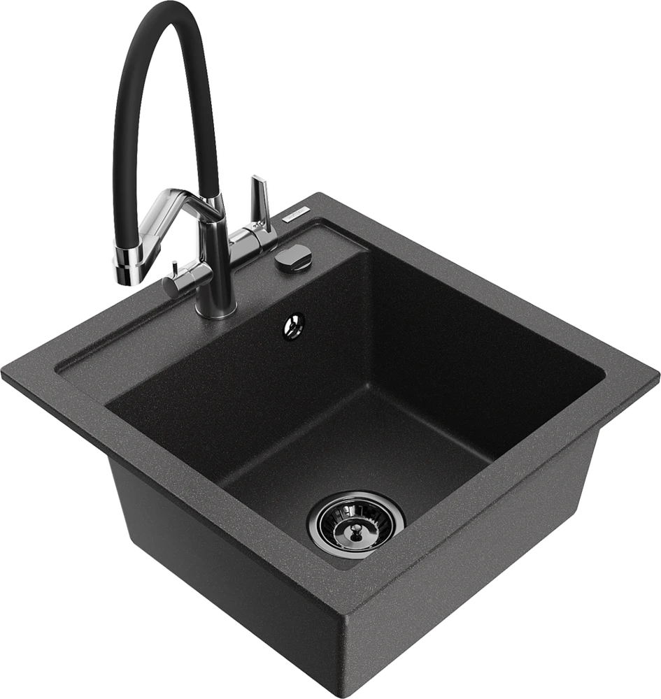 Granitinė virtuvinė plautuvė Mexen Vito su maišytuvu ir sifonu, Juodas granite+Juodas/Chrome