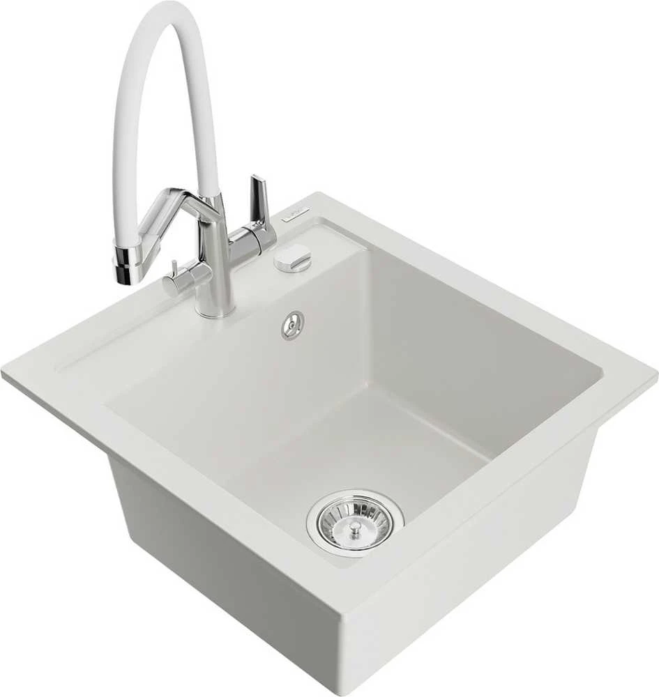 Granitinė virtuvinė plautuvė Mexen Vito su maišytuvu ir sifonu, Baltas+Baltas/Chrome