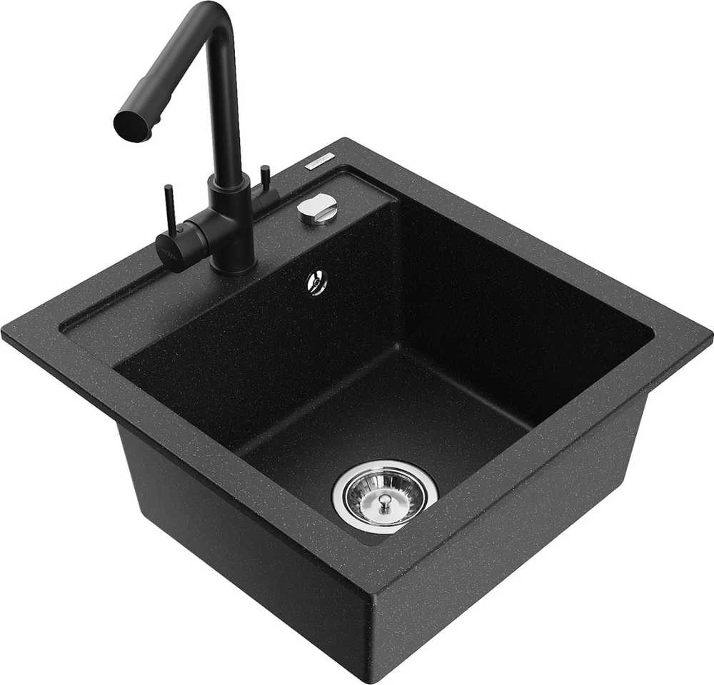 Granitinė virtuvinė plautuvė Mexen Vito su maišytuvu ir sifonu, Metallic juodas/sidabrinis+Juodas