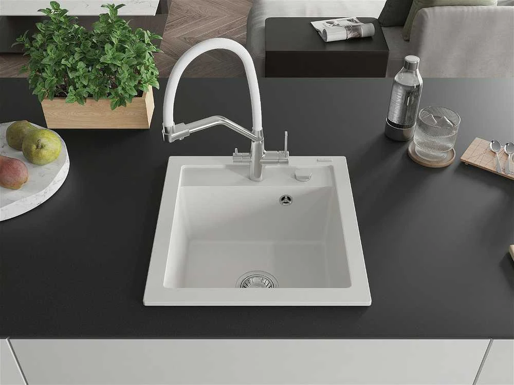Granitinė virtuvinė plautuvė Mexen Vito su maišytuvu ir sifonu, Baltas+Baltas/Chrome