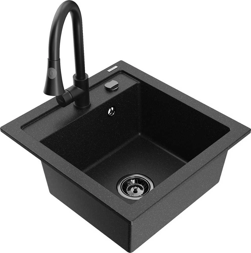 Granitinė virtuvinė plautuvė Mexen Vito su maišytuvu ir sifonu, Metallic juodas/sidabrinis+Juodas