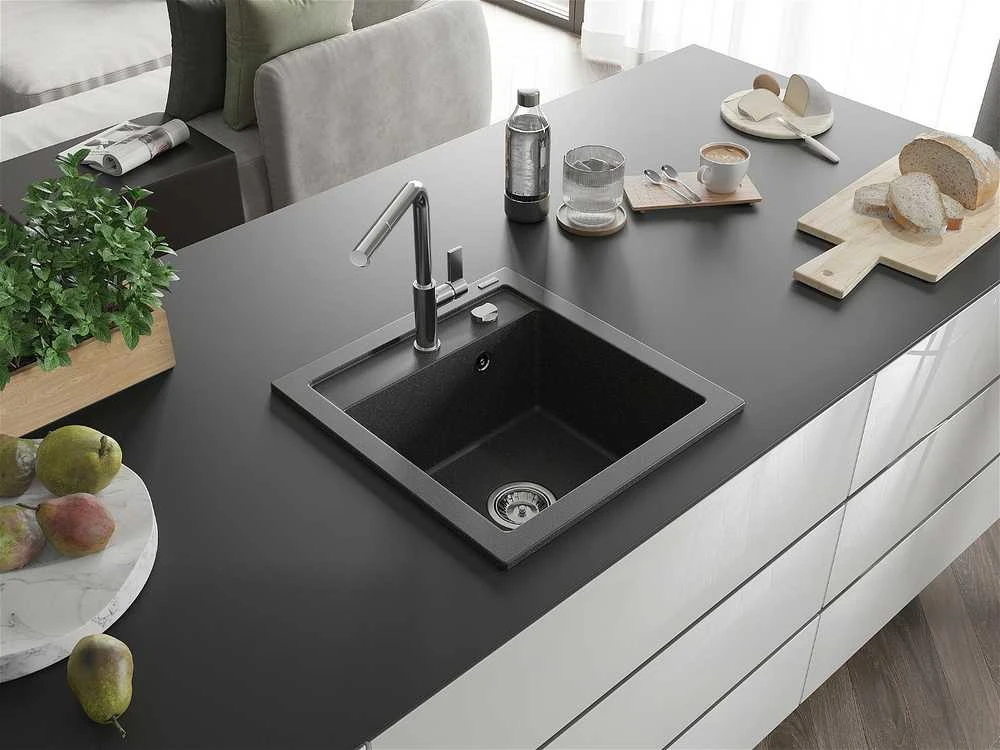 Granitinė virtuvinė plautuvė Mexen Vito su maišytuvu ir sifonu, Juodas granite+Chrome