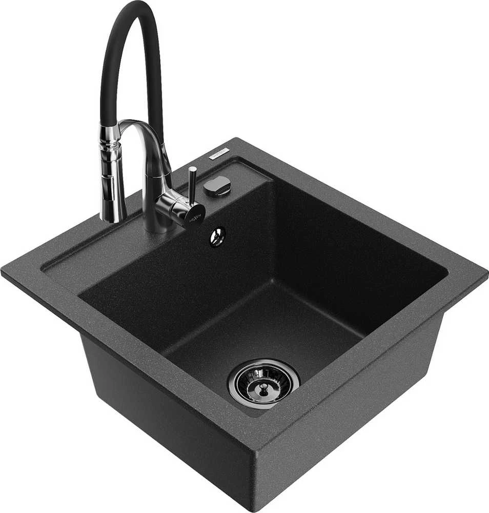 Granitinė virtuvinė plautuvė Mexen Vito su maišytuvu ir sifonu, Juodas granite+Juodas/Chrome