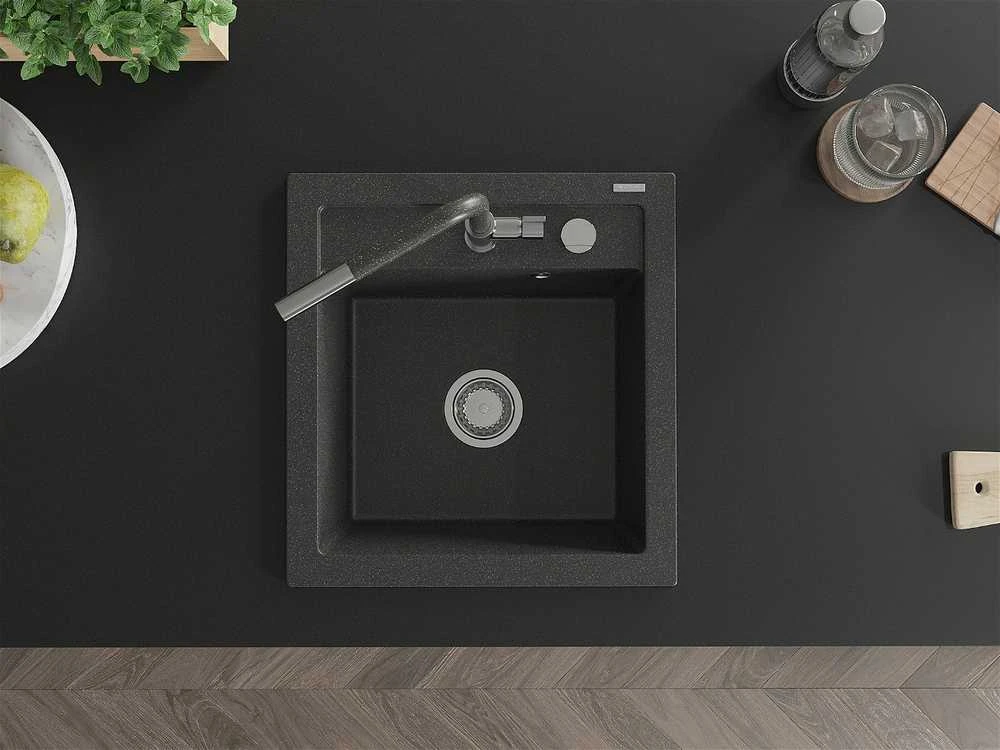 Granitinė virtuvinė plautuvė Mexen Vito su maišytuvu ir sifonu, Juodas granite+Juodas granite/Chrome