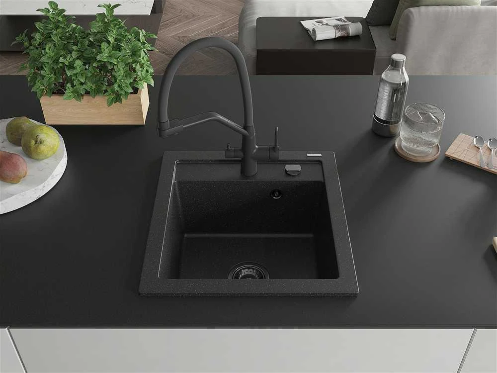 Granitinė virtuvinė plautuvė Mexen Vito su maišytuvu ir sifonu, Metallic juodas/sidabrinis+Juodas