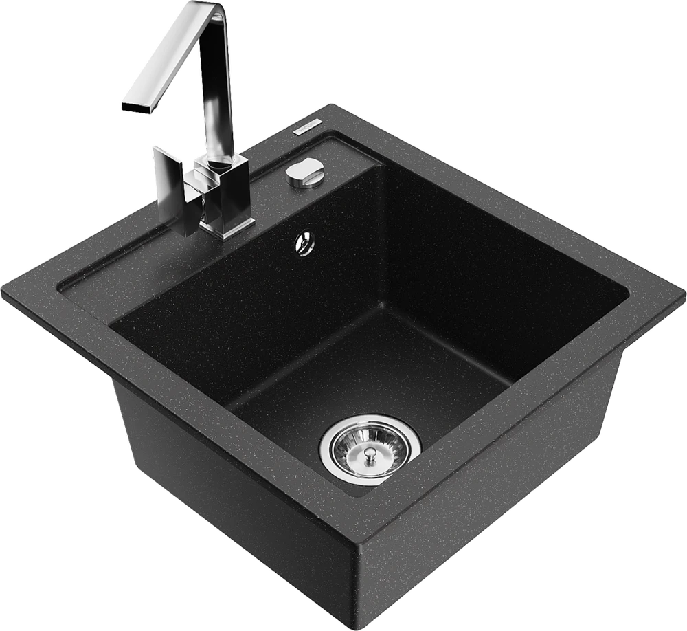 Granitinė virtuvinė plautuvė Mexen Vito su maišytuvu ir sifonu, Metallic juodas/sidabrinis+Chrome