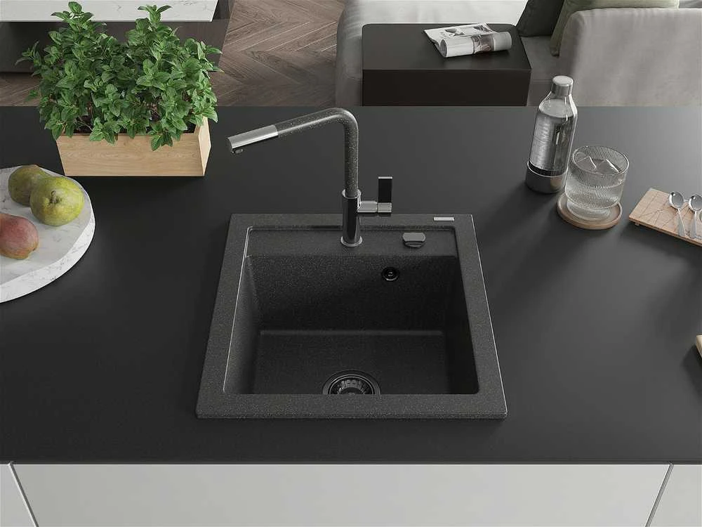Granitinė virtuvinė plautuvė Mexen Vito su maišytuvu ir sifonu, Juodas granite+Juodas granite/Chrome