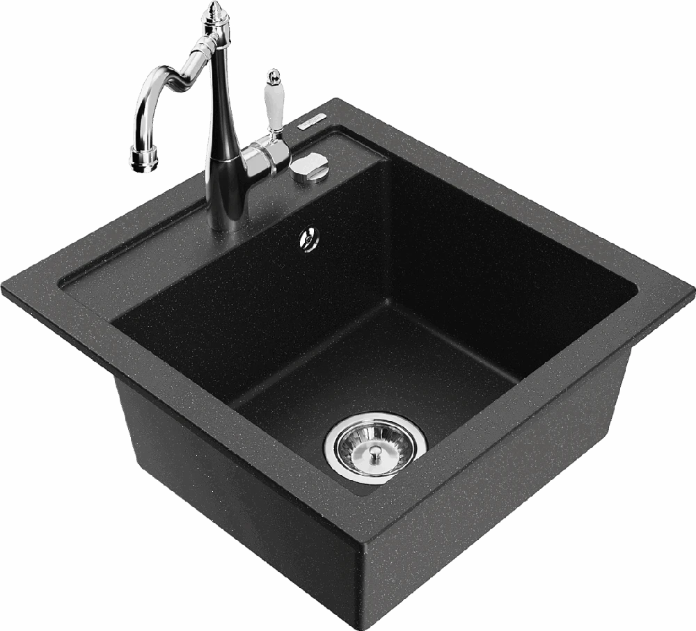 Granitinė virtuvinė plautuvė Mexen Vito su maišytuvu ir sifonu, Metallic juodas/sidabrinis+Chrome