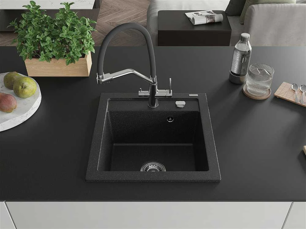 Granitinė virtuvinė plautuvė Mexen Vito su maišytuvu ir sifonu, Metallic juodas/sidabrinis+Juodas/Chrome