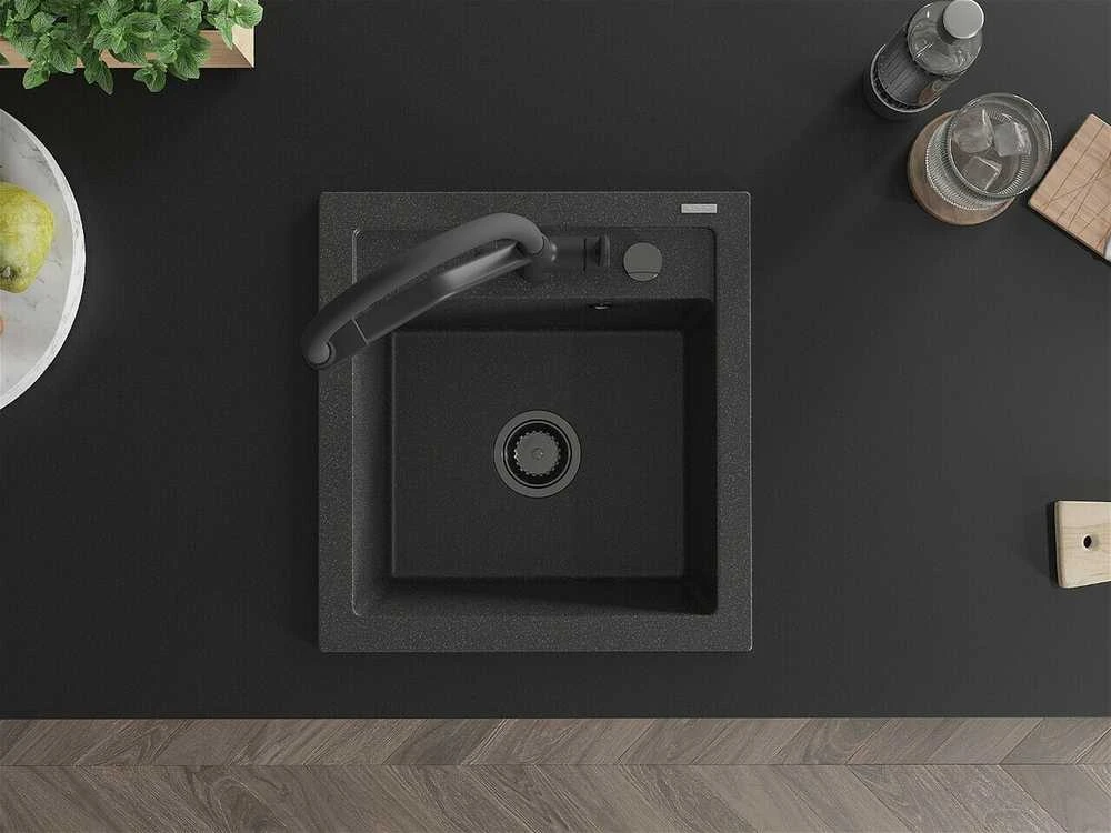 Granitinė virtuvinė plautuvė Mexen Vito su maišytuvu ir sifonu, Juodas granite+Juodas