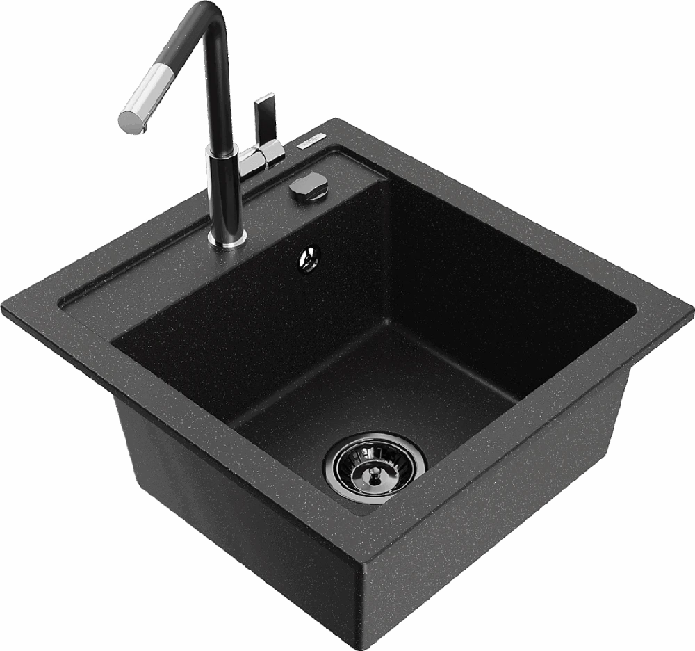 Granitinė virtuvinė plautuvė Mexen Vito su maišytuvu ir sifonu, Metallic juodas/sidabrinis+Juodas/Chrome