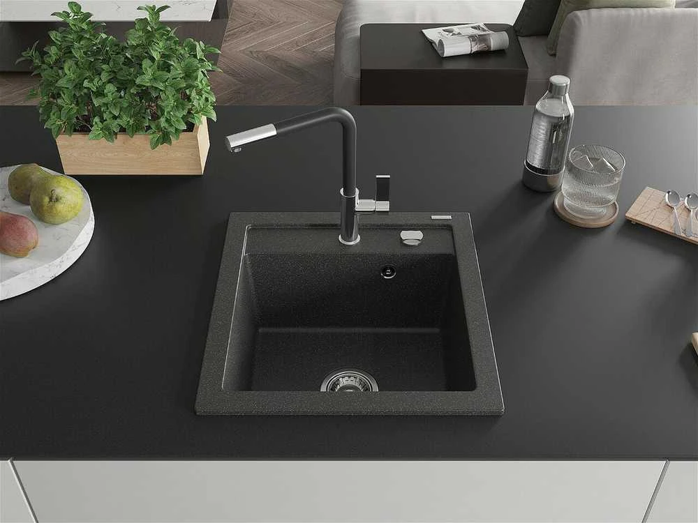 Granitinė virtuvinė plautuvė Mexen Vito su maišytuvu ir sifonu, Juodas granite+Juodas/Chrome