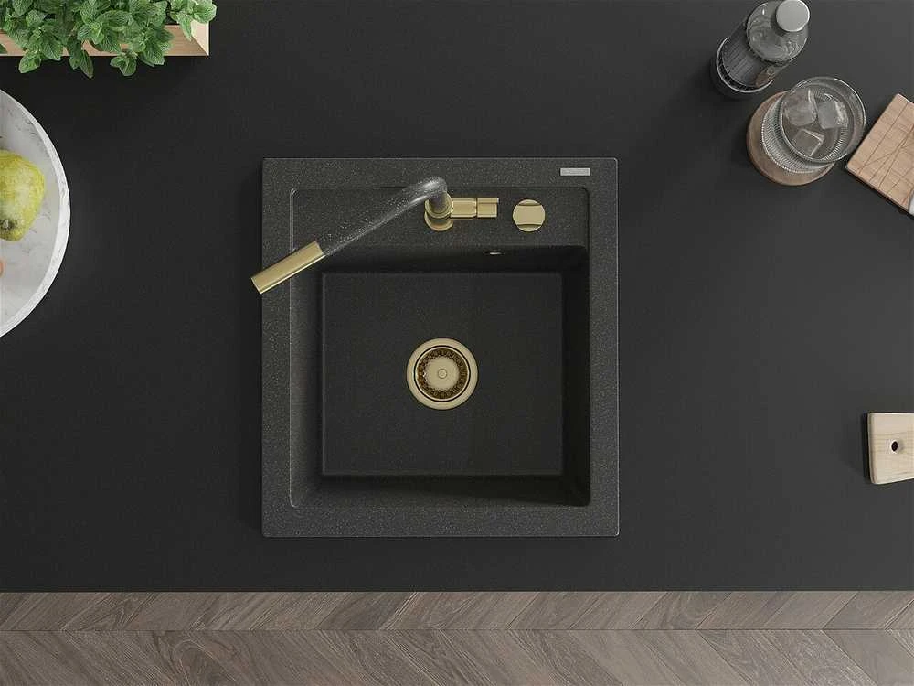 Granitinė virtuvinė plautuvė Mexen Vito su maišytuvu ir sifonu, Juodas granite+Juodas granite/Gold