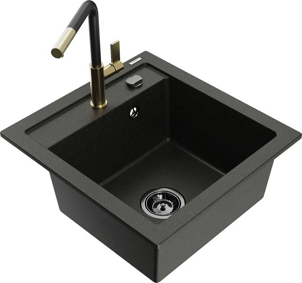 Granitinė virtuvinė plautuvė Mexen Vito su maišytuvu ir sifonu, Metallic juodas/auksinis+Juodas/Gold