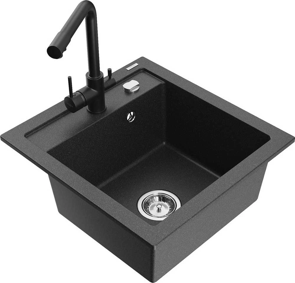 Granitinė virtuvinė plautuvė Mexen Vito su maišytuvu ir sifonu, Juodas granite+Juodas
