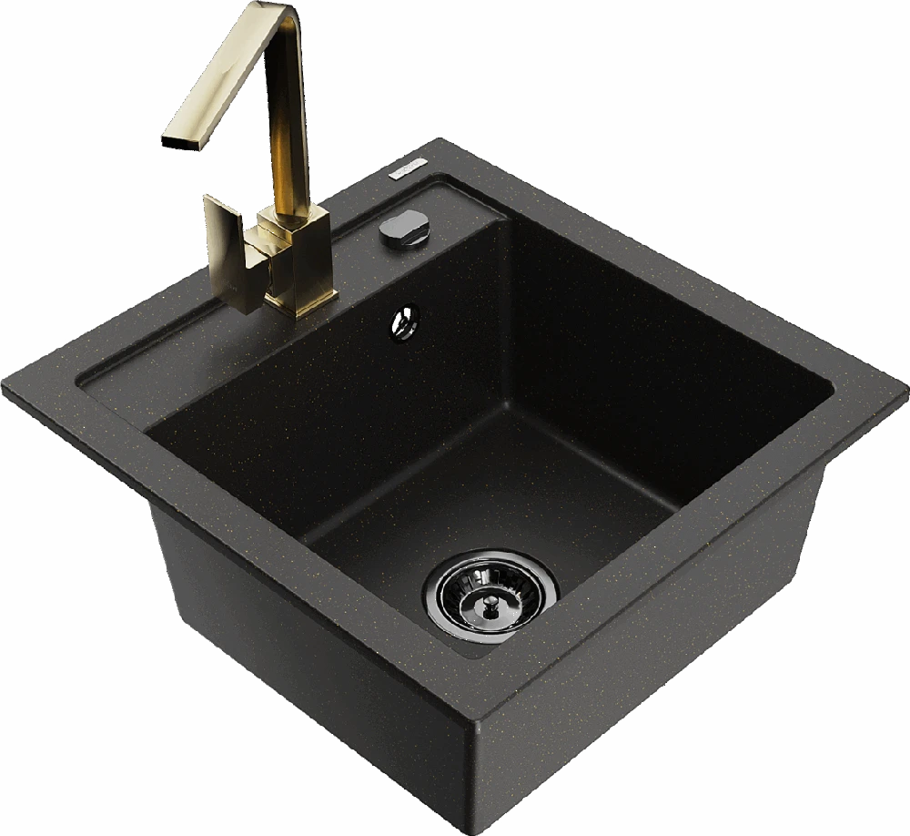 Granitinė virtuvinė plautuvė Mexen Vito su maišytuvu ir sifonu, Metallic juodas/auksinis+Gold