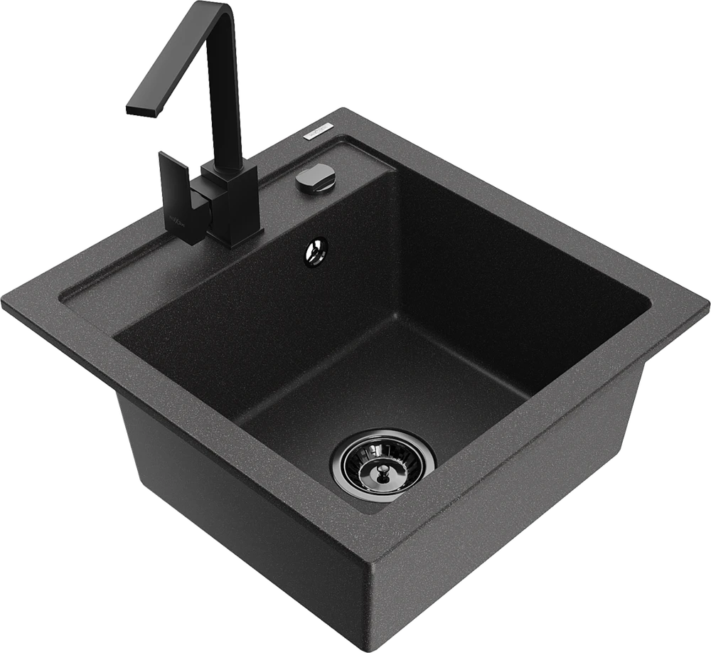 Granitinė virtuvinė plautuvė Mexen Vito su maišytuvu ir sifonu, Juodas granite+Juodas