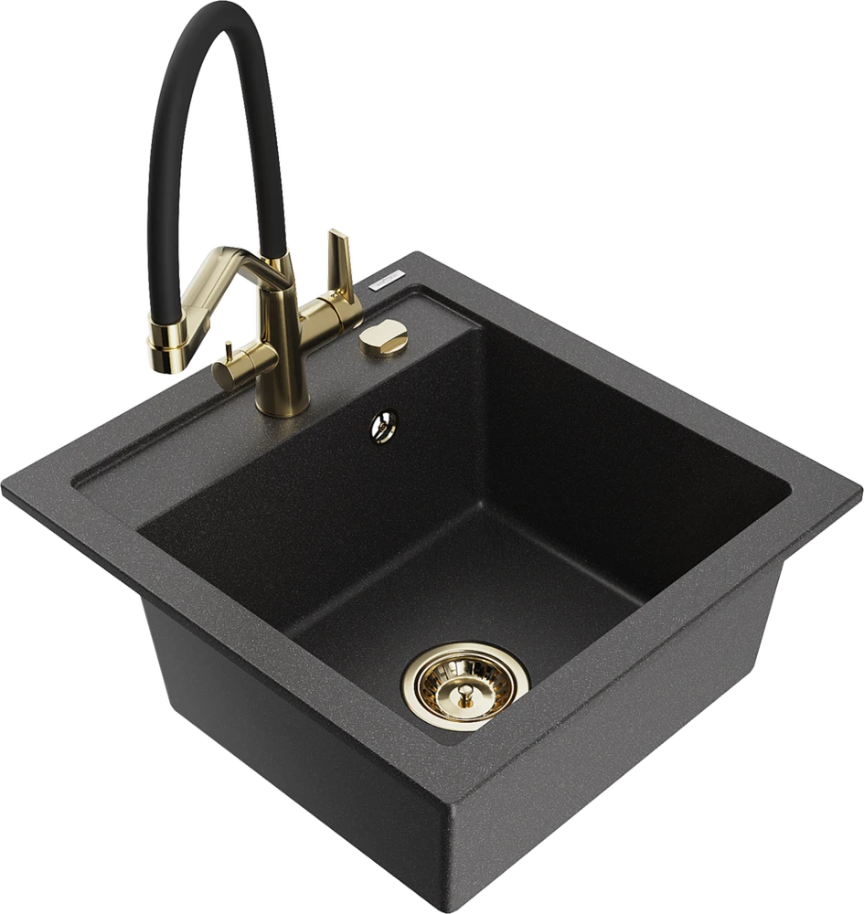 Granitinė virtuvinė plautuvė Mexen Vito su maišytuvu ir sifonu, Juodas granite+Juodas/Gold