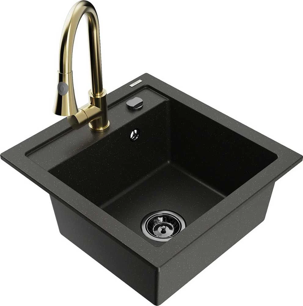 Granitinė virtuvinė plautuvė Mexen Vito su maišytuvu ir sifonu, Metallic juodas/auksinis+Gold