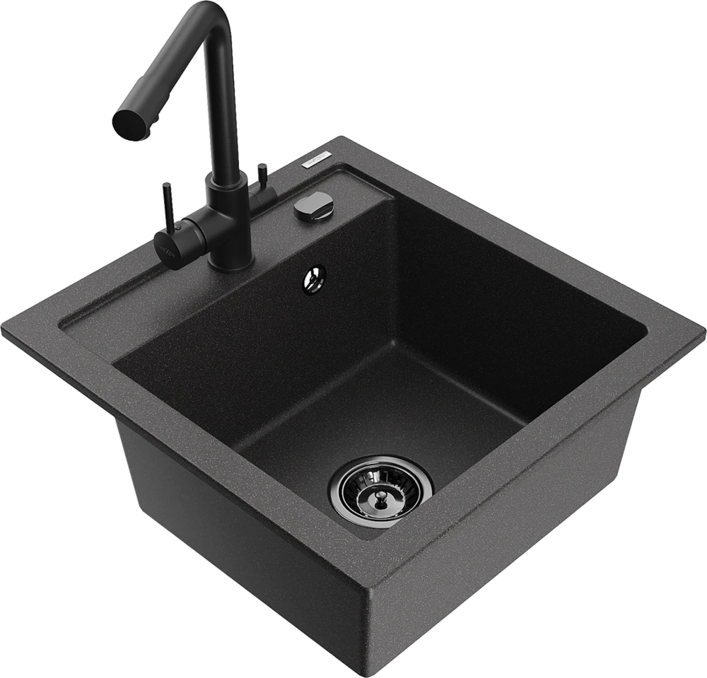 Granitinė virtuvinė plautuvė Mexen Vito su maišytuvu ir sifonu, Juodas granite+Juodas
