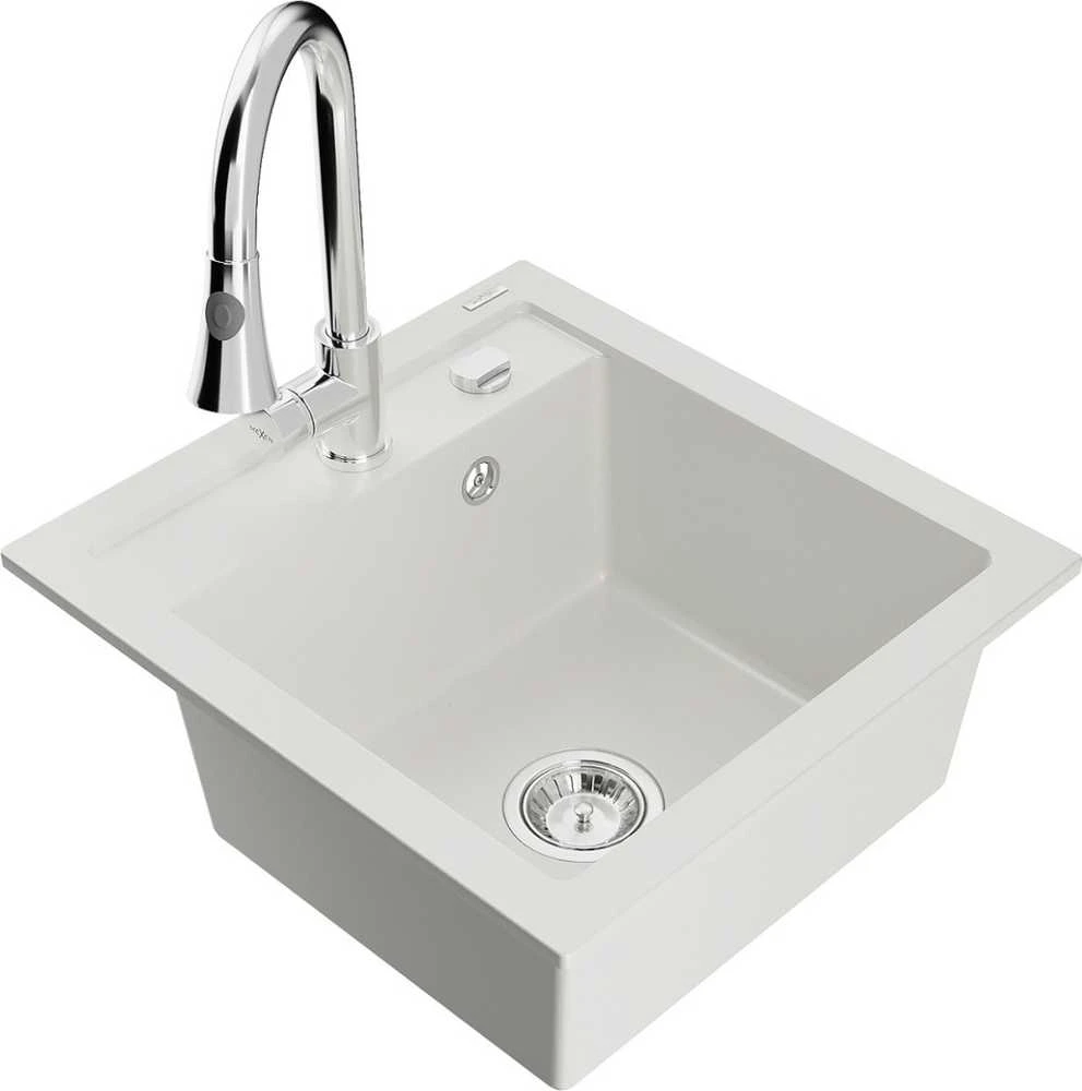 Granitinė virtuvinė plautuvė Mexen Vito su maišytuvu ir sifonu, Baltas+Chrome