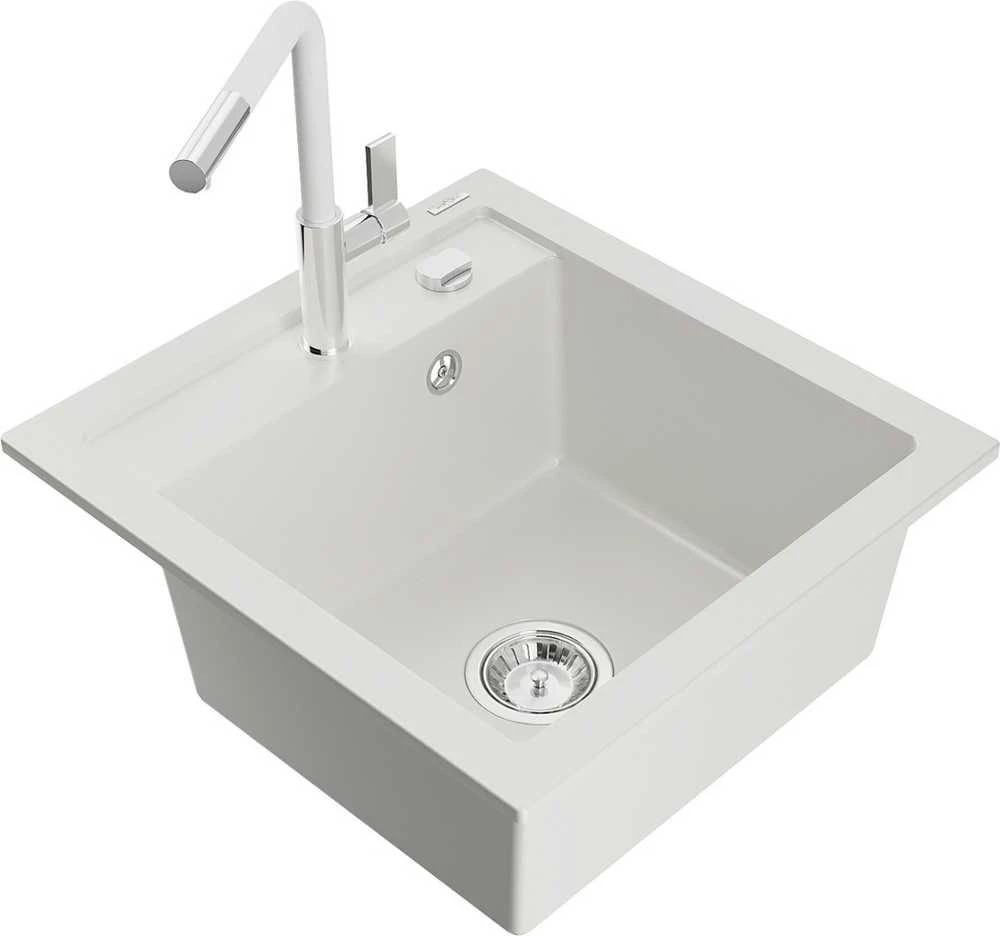 Granitinė virtuvinė plautuvė Mexen Vito su maišytuvu ir sifonu, Baltas+Baltas/Chrome