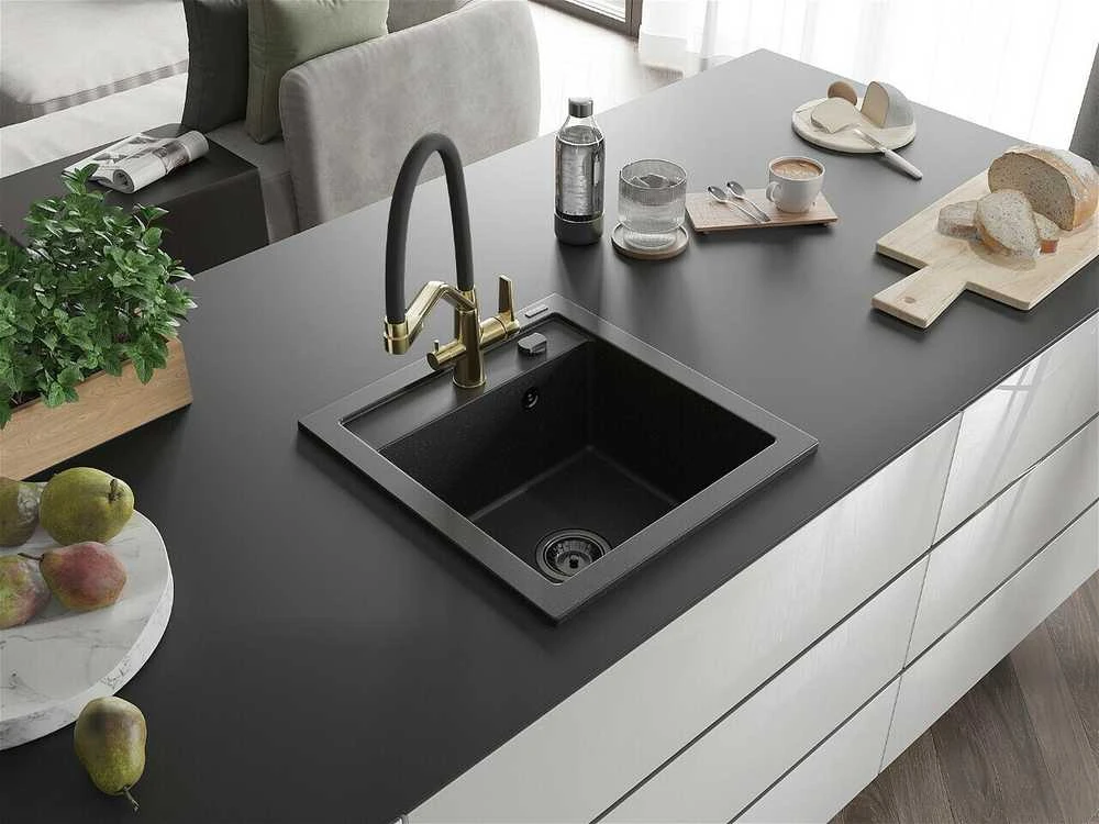 Granitinė virtuvinė plautuvė Mexen Vito su maišytuvu ir sifonu, Metallic juodas/sidabrinis+Juodas/Gold