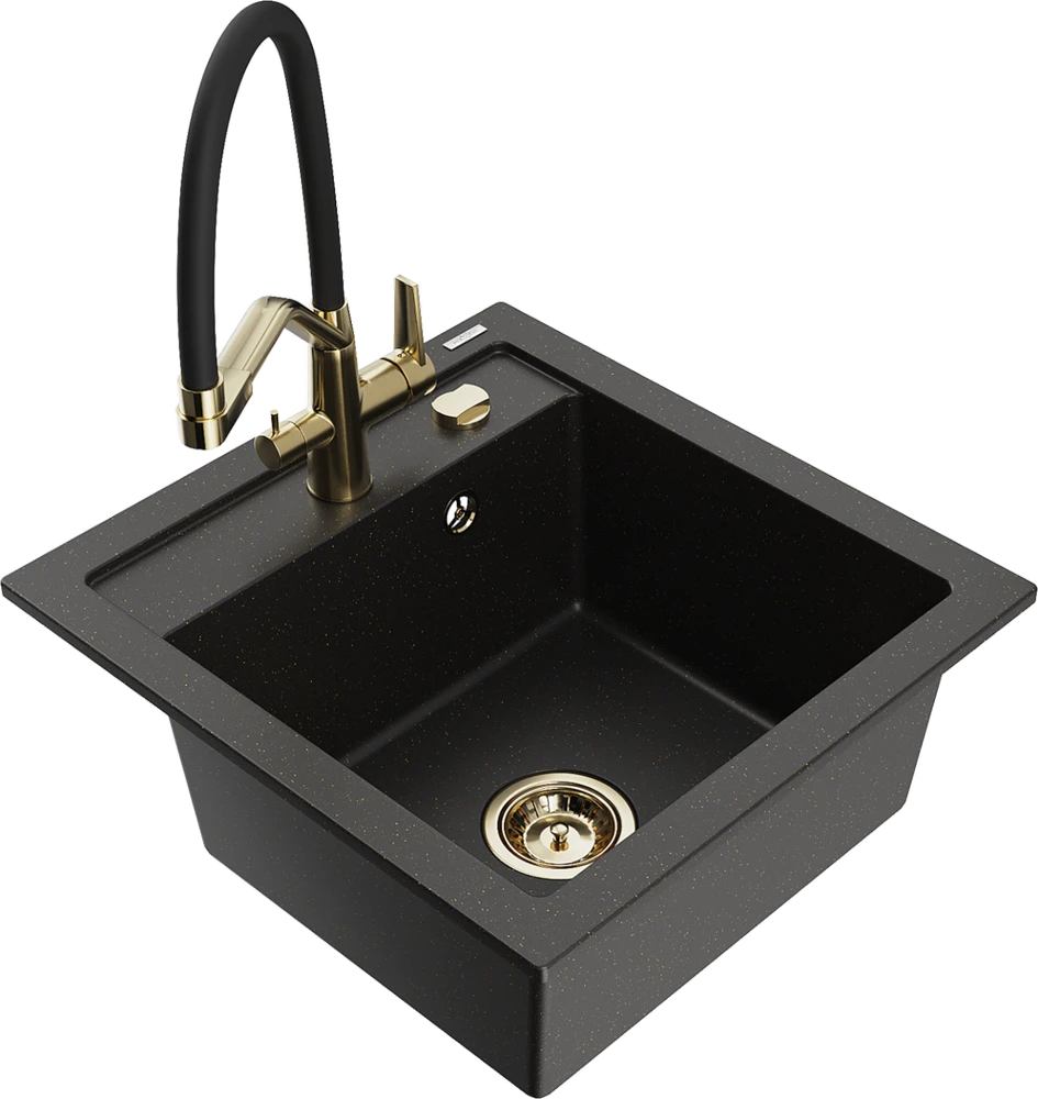 Granitinė virtuvinė plautuvė Mexen Vito su maišytuvu ir sifonu, Metallic juodas/auksinis+Juodas/Gold