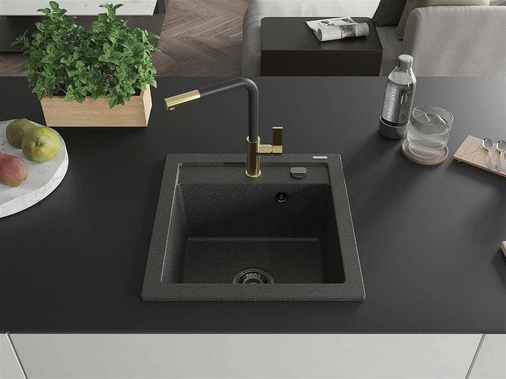 Granitinė virtuvinė plautuvė Mexen Vito su maišytuvu ir sifonu, Juodas granite+Juodas/Gold
