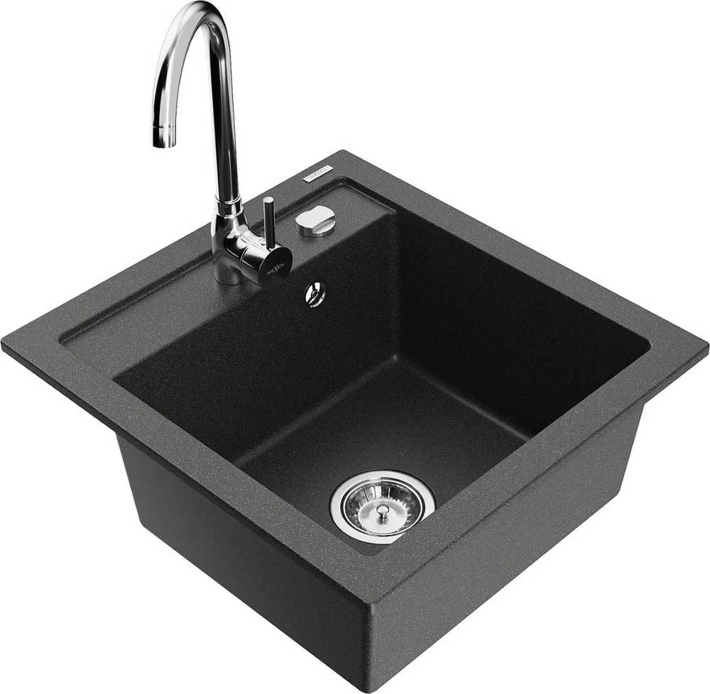 Granitinė virtuvinė plautuvė Mexen Vito su maišytuvu ir sifonu, Juodas granite+Chrome