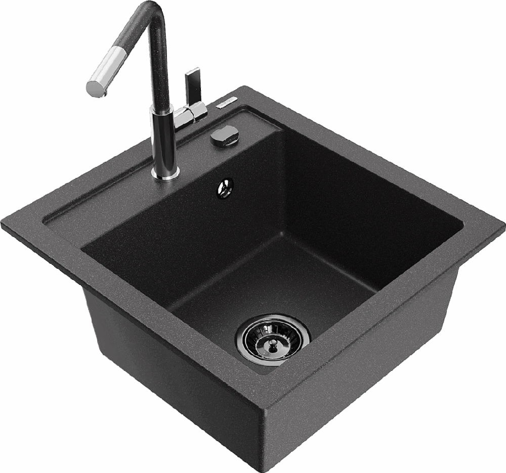 Granitinė virtuvinė plautuvė Mexen Vito su maišytuvu ir sifonu, Juodas granite+Juodas granite/Chrome