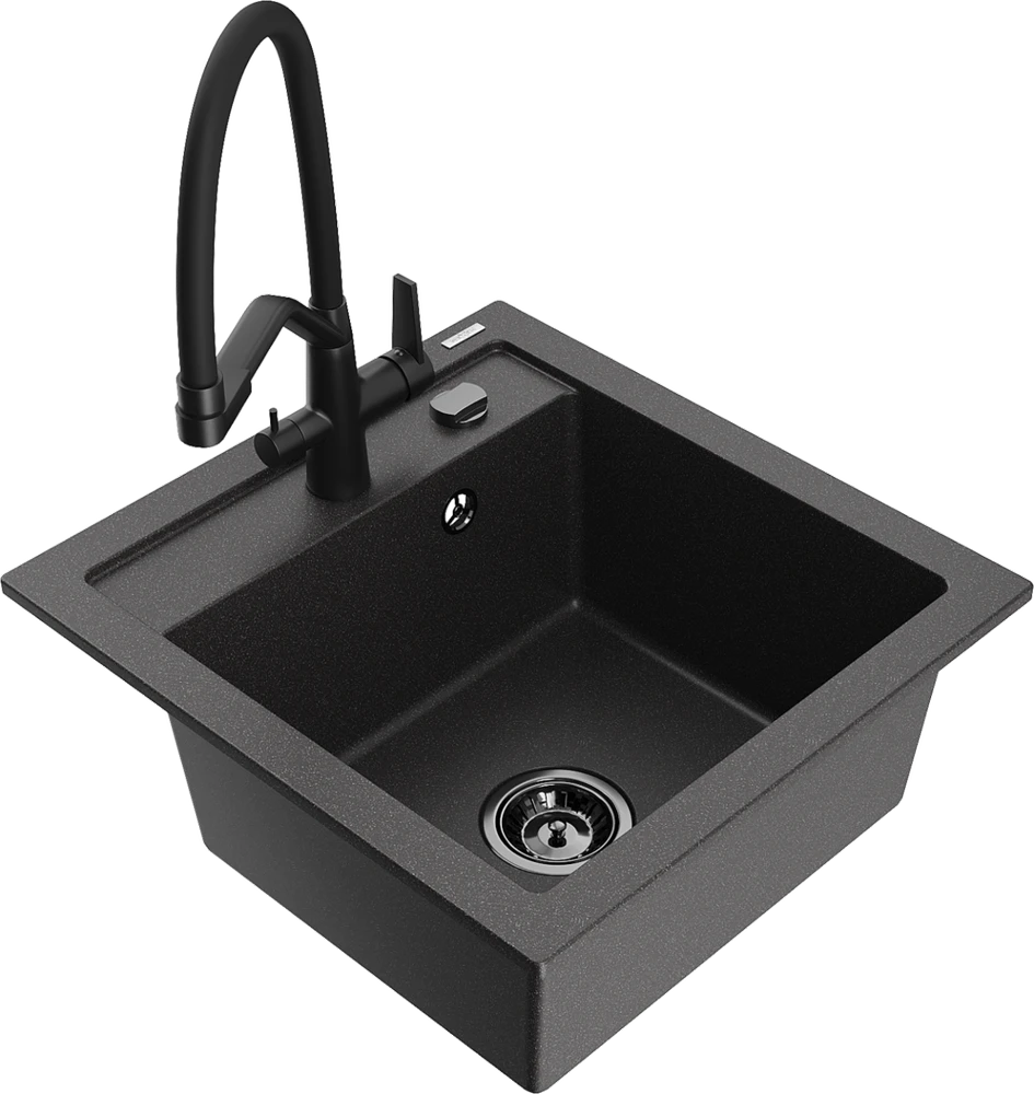 Granitinė virtuvinė plautuvė Mexen Vito su maišytuvu ir sifonu, Juodas granite+Juodas