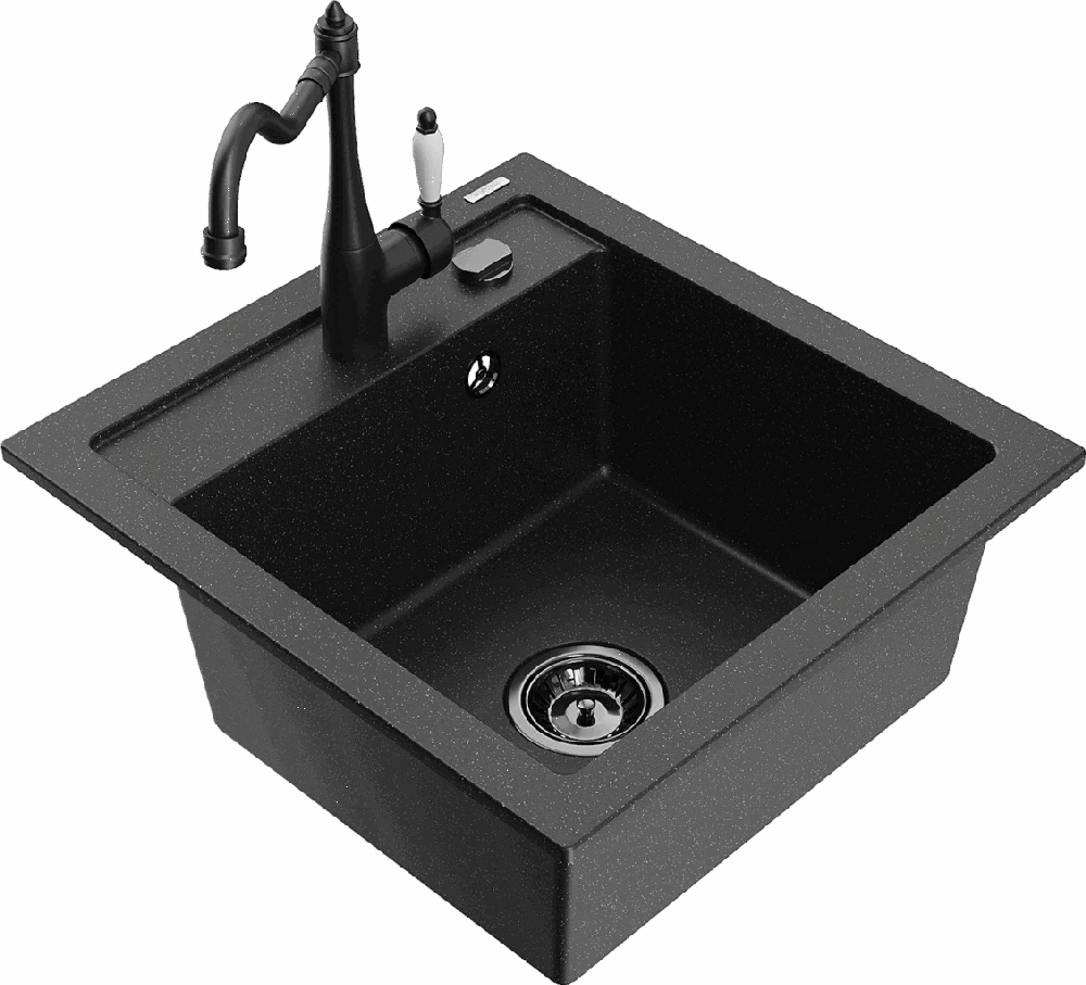 Granitinė virtuvinė plautuvė Mexen Vito su maišytuvu ir sifonu, Metallic juodas/sidabrinis+Juodas