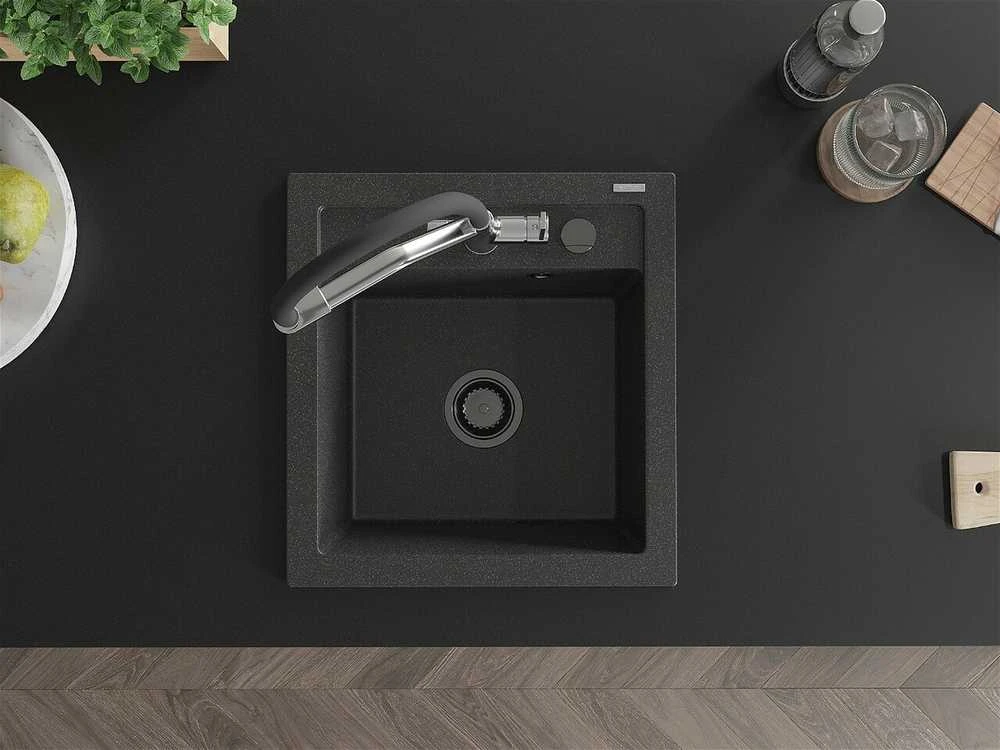 Granitinė virtuvinė plautuvė Mexen Vito su maišytuvu ir sifonu, Juodas granite+Juodas/Chrome