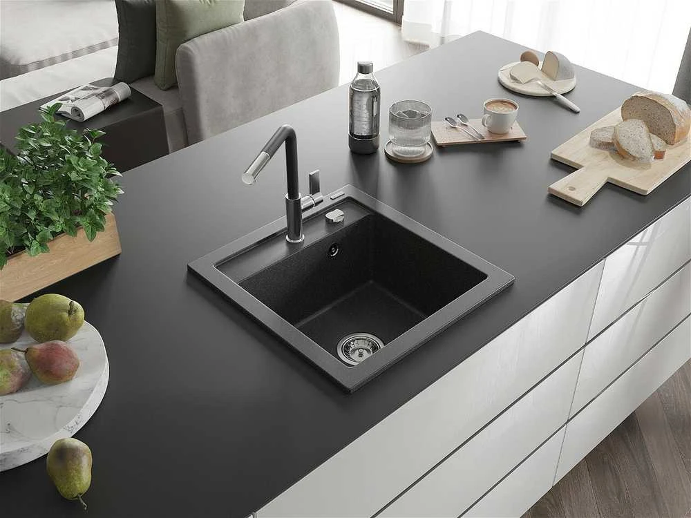 Granitinė virtuvinė plautuvė Mexen Vito su maišytuvu ir sifonu, Juodas granite+Juodas/Chrome