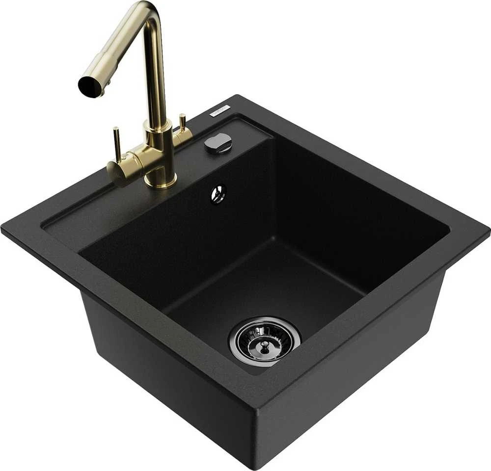 Granitinė virtuvinė plautuvė Mexen Vito su maišytuvu ir sifonu, Juodas+Gold