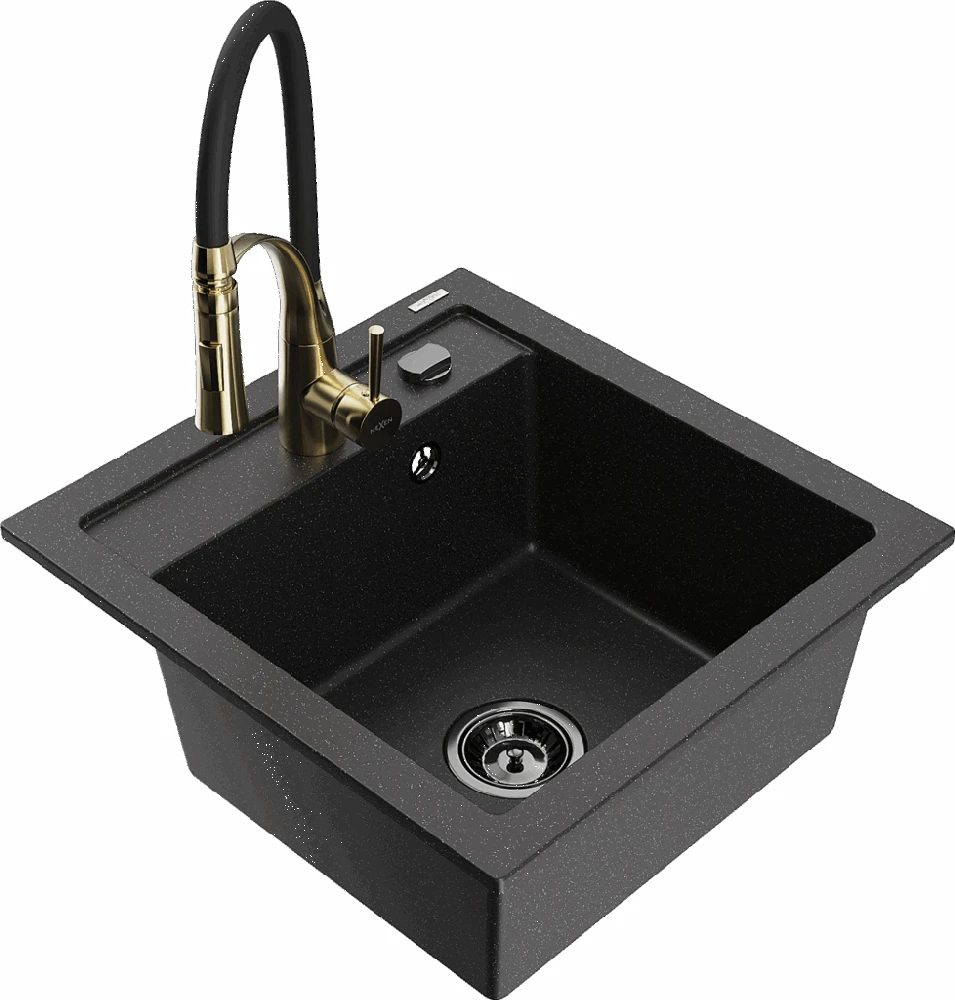 Granitinė virtuvinė plautuvė Mexen Vito su maišytuvu ir sifonu, Metallic juodas/sidabrinis+Juodas/Gold