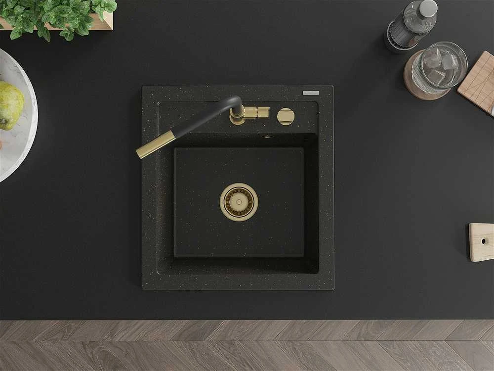 Granitinė virtuvinė plautuvė Mexen Vito su maišytuvu ir sifonu, Metallic juodas/auksinis+Juodas/Gold
