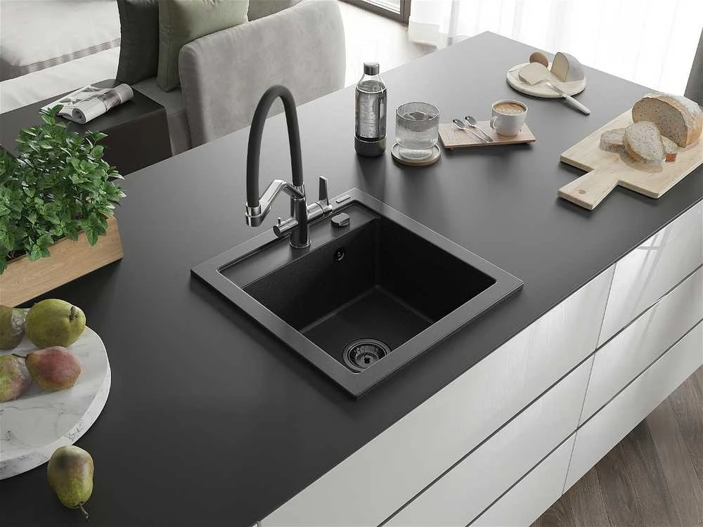 Granitinė virtuvinė plautuvė Mexen Vito su maišytuvu ir sifonu, Metallic juodas/sidabrinis+Juodas/Chrome